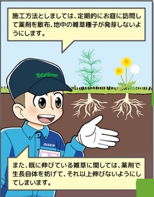 雑草の生長を抑える方法を説明する様子