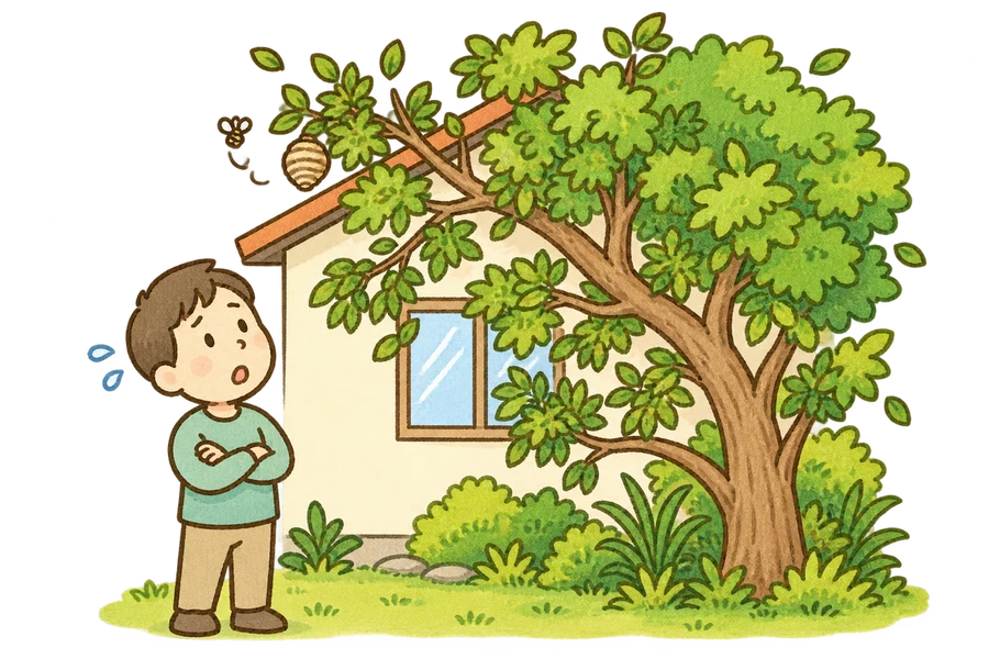 伸びすぎた庭木に困っている様子のイラスト